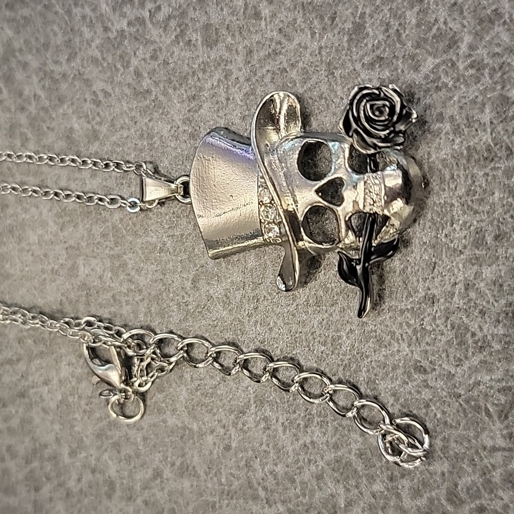 Gothic Skull & Black Rose Rhinestone Accent Pendant Necklace